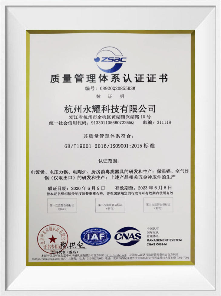 Hangzhou Yongyao ISO9001 Certificate