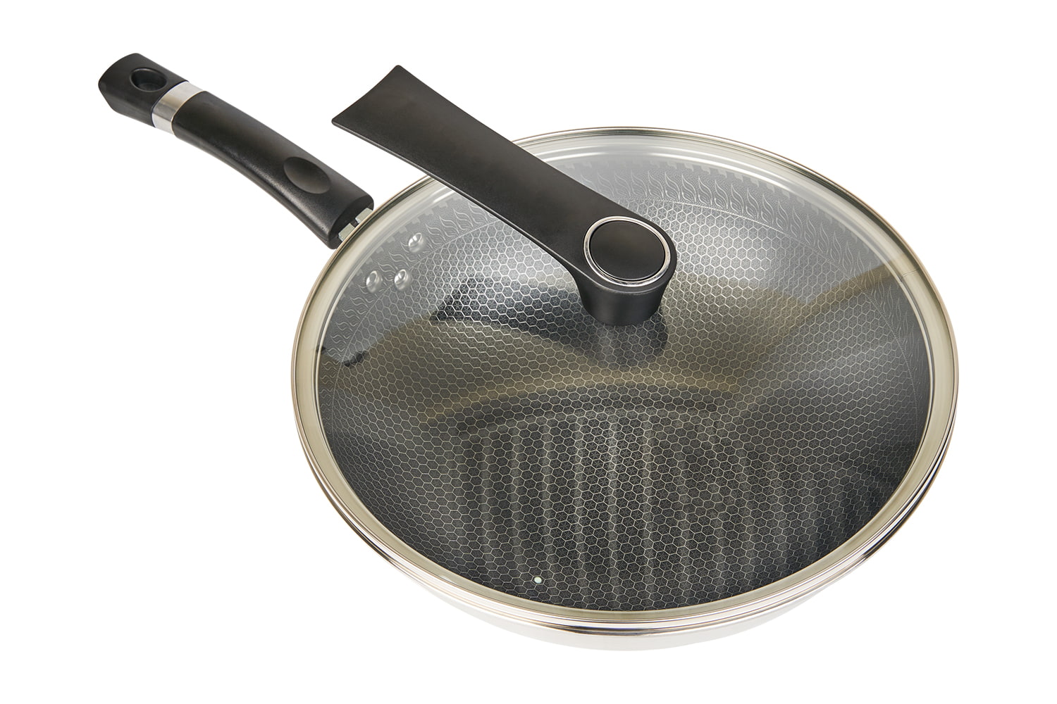 CF30C-CJ538 Stainless Steel Wok with Glass Lid, Etching Non-Stick Coating, Scratch-resistant, household