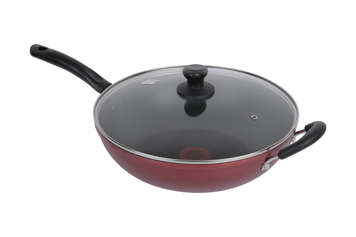 CF32C-CJ772 Flaming Wok-With glass lid imitation die-casting pad printing flaming red dot 32 non-stick wok