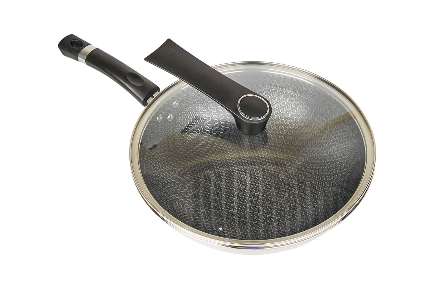 CF34C-CJ598 Stainless Steel Wok with Glass Lid, Etching Non-Stick Coating, Scratch-resistant, household
