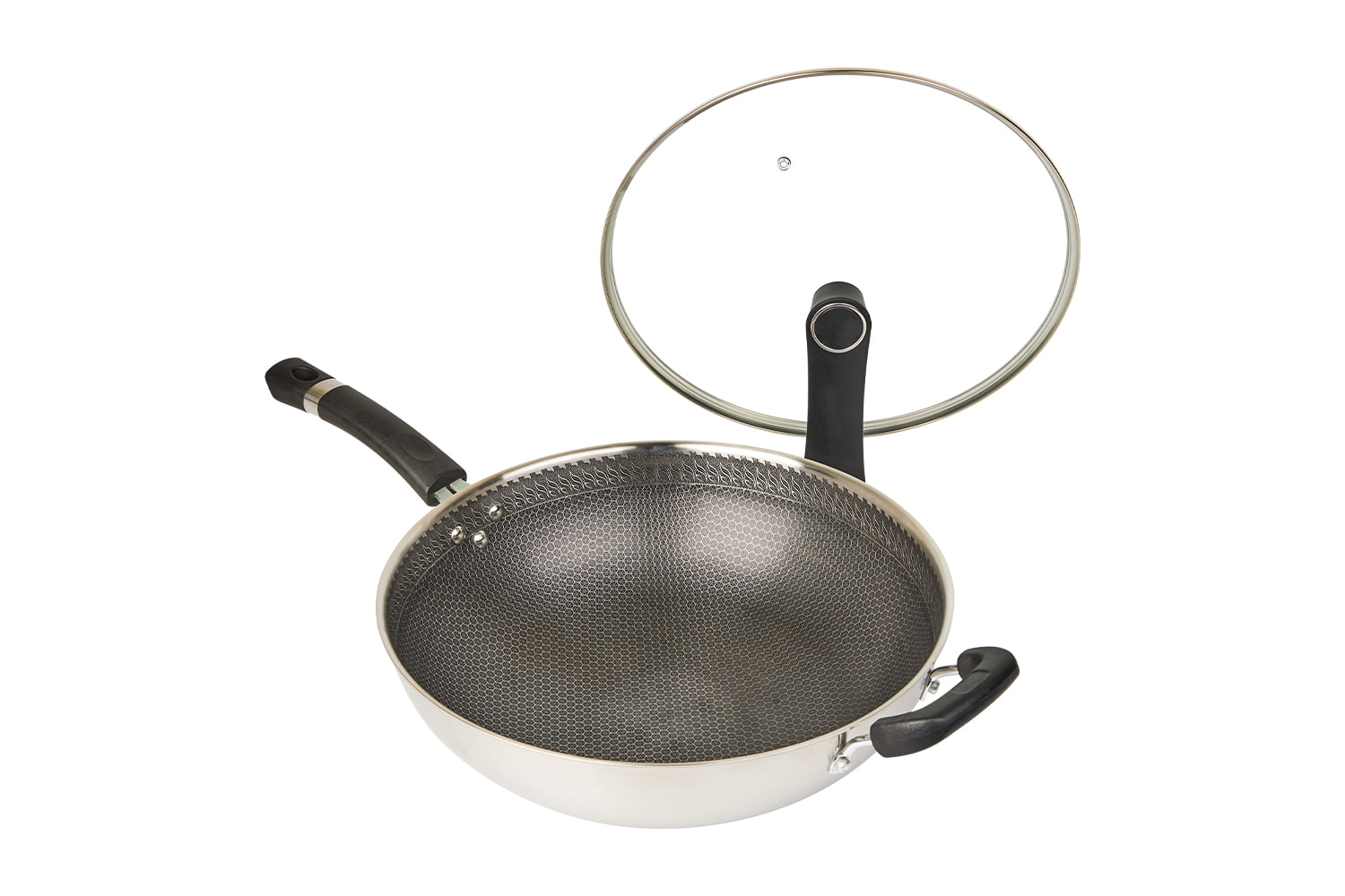 CF34C-CJ598 Stainless Steel Wok with Glass Lid, Etching Non-Stick Coating, Scratch-resistant, household